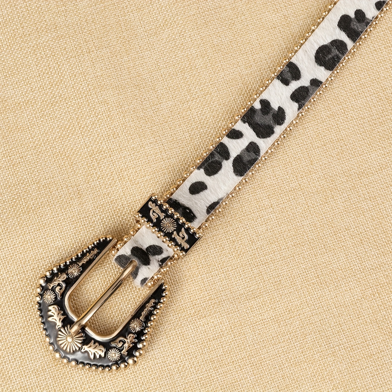 Boho Style Women's Cow Print Beaded Belt Faux Leather Accessory